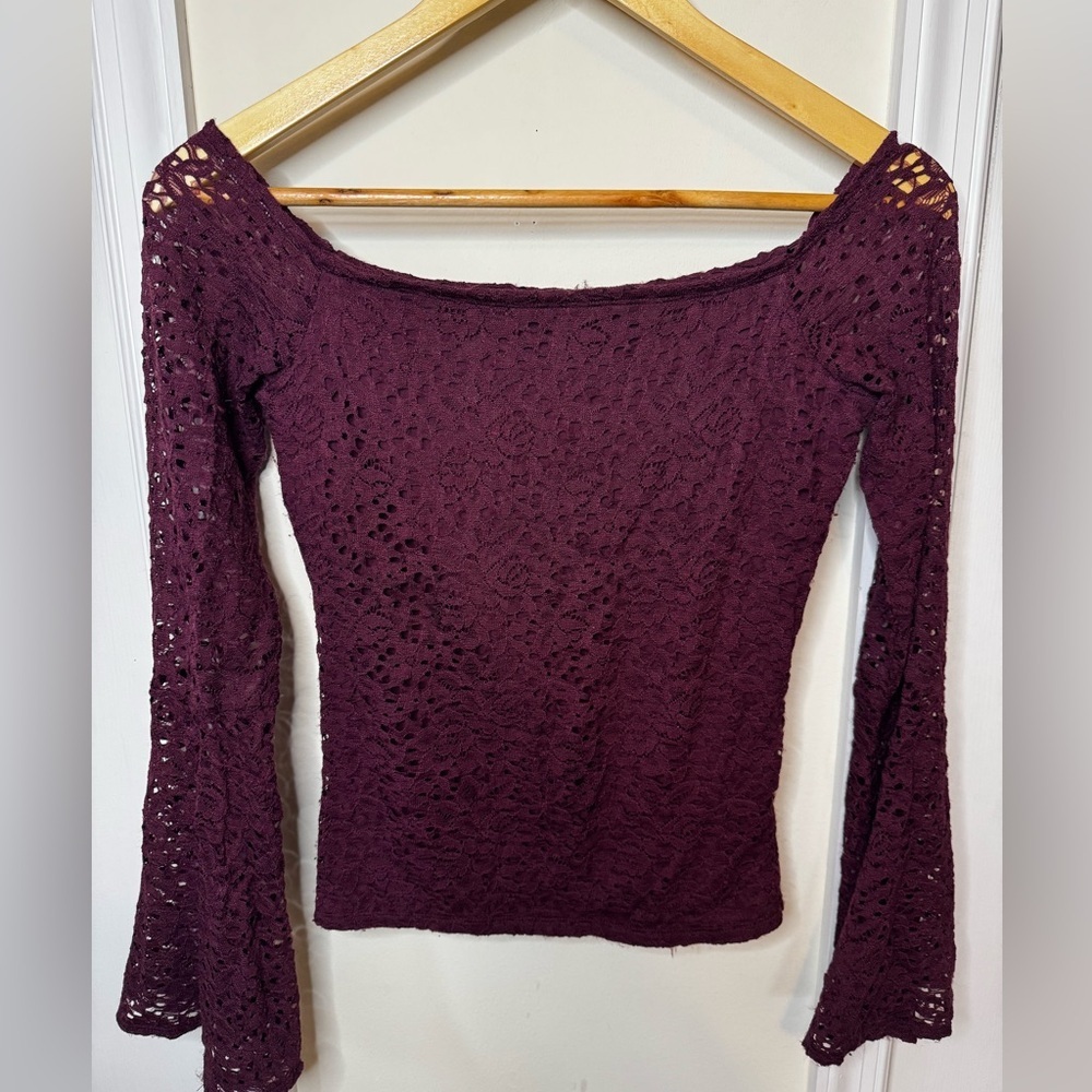 Hollister Lace Off-Shoulder Top - bell sleeve burgandy top